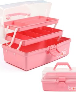 TERGOO 12in 3-Layer Plastic Craft Organizers and Storage. Portable Folding Tackle Box with Handle & Adjustable Dividers. Multipurpose Case for Sewing. Art Supplies. Medicine. Tools (Pink)