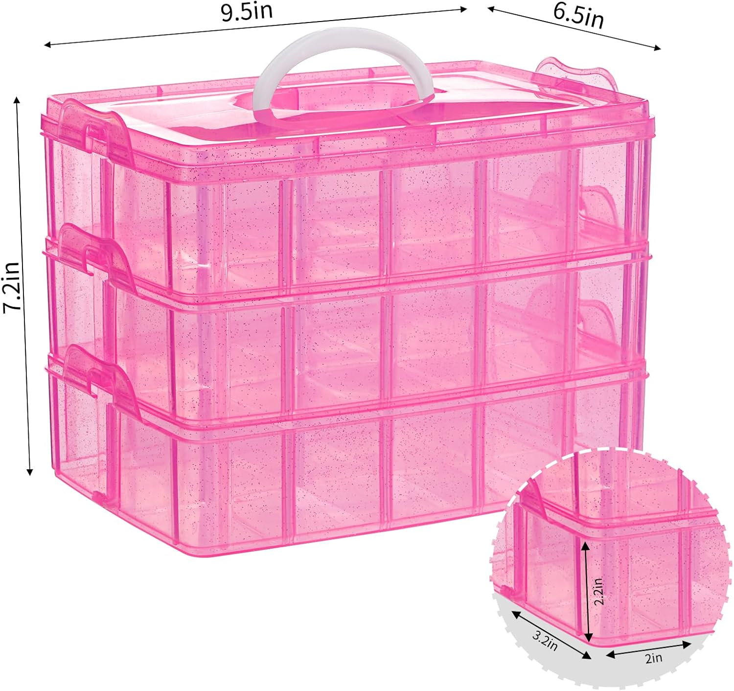 SGHUO Bead Organizers and Storage 3-Tier Pink Craft Container Stackable Box with Dividers for Art Supplies. Washi Tapes. Seed. Hair Accessories. Nail. 9.5X6.5X7.2in - Image 2