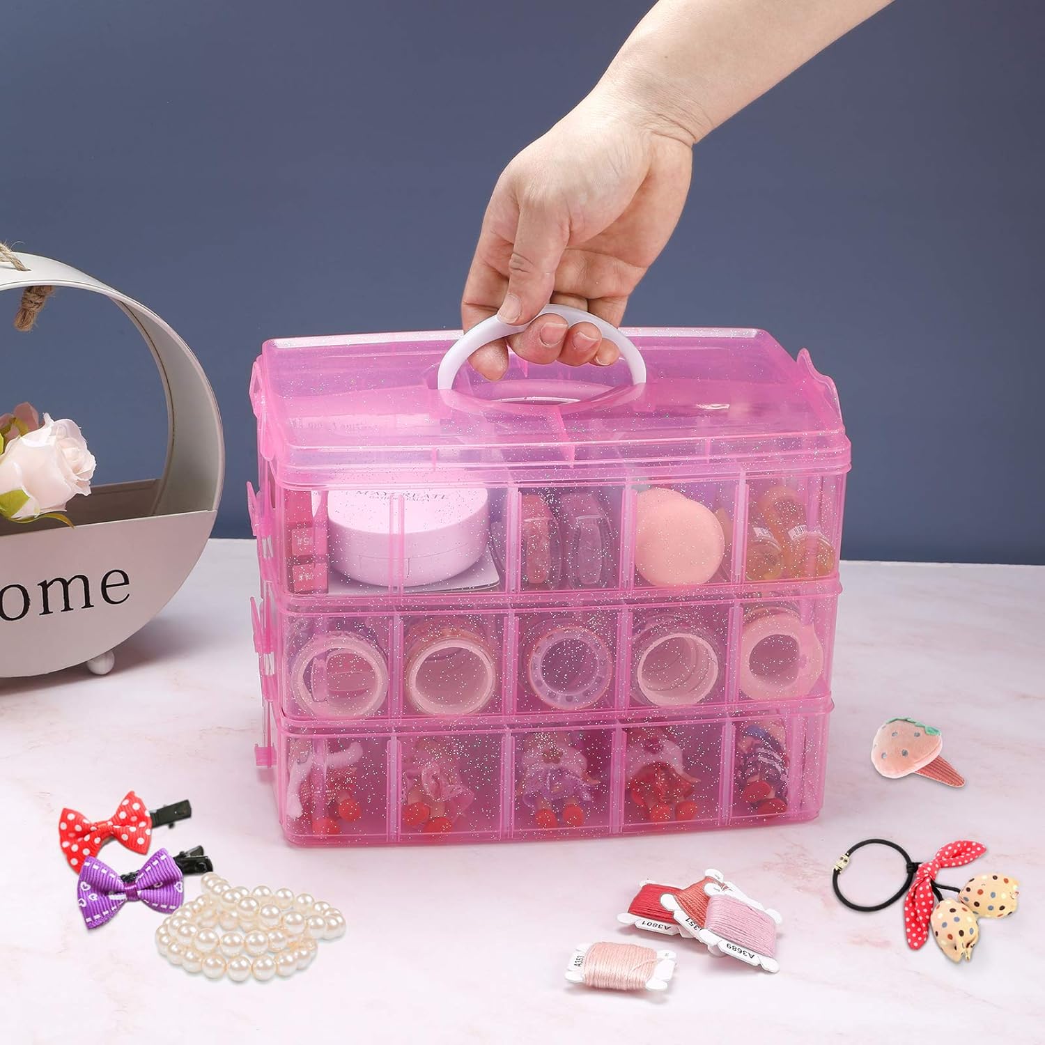 SGHUO Bead Organizers and Storage 3-Tier Pink Craft Container Stackable Box with Dividers for Art Supplies. Washi Tapes. Seed. Hair Accessories. Nail. 9.5X6.5X7.2in - Image 6