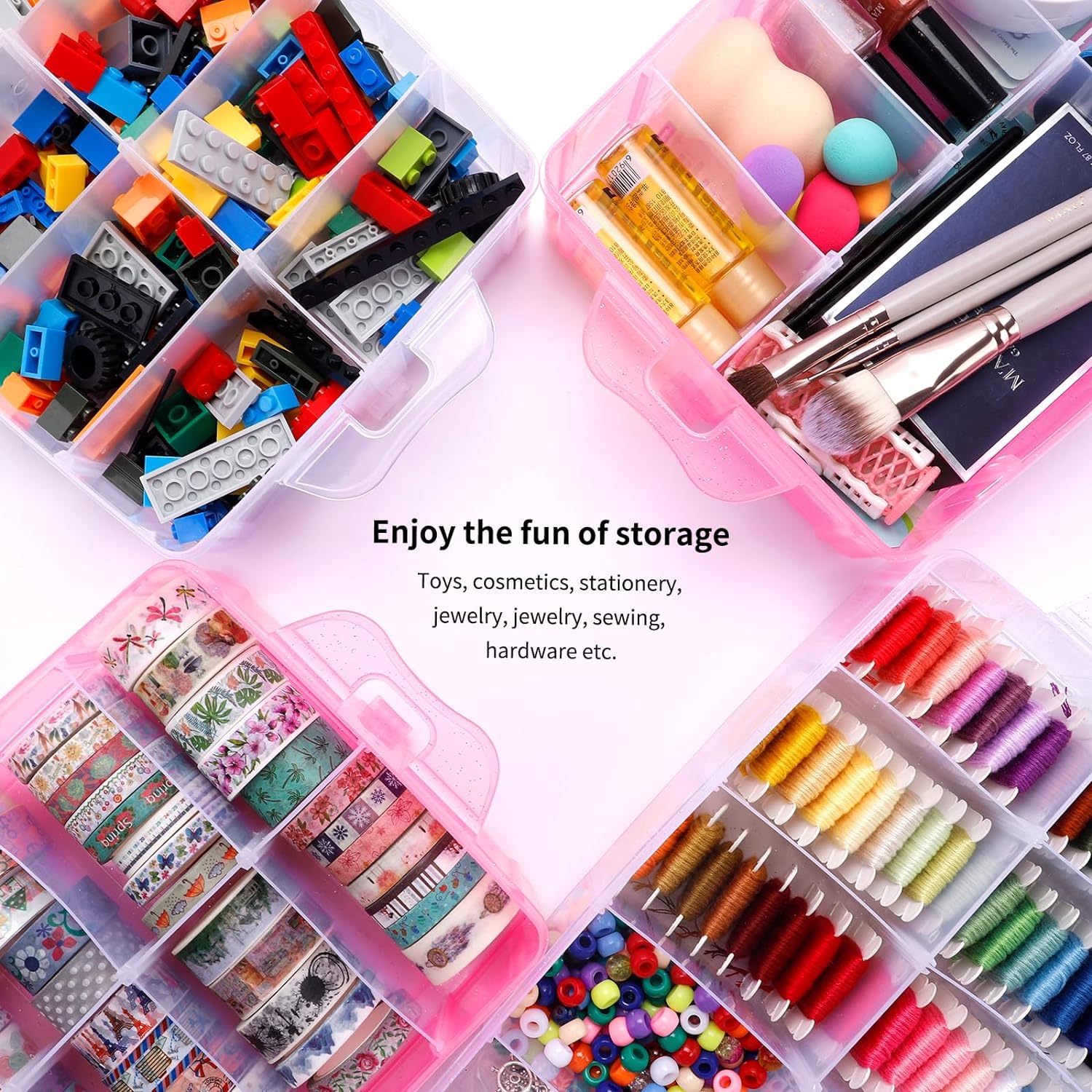 SGHUO Bead Organizers and Storage 3-Tier Pink Craft Container Stackable Box with Dividers for Art Supplies. Washi Tapes. Seed. Hair Accessories. Nail. 9.5X6.5X7.2in - Image 5