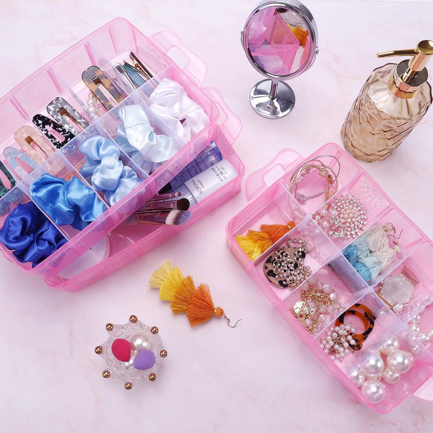SGHUO Bead Organizers and Storage 3-Tier Pink Craft Container Stackable Box with Dividers for Art Supplies. Washi Tapes. Seed. Hair Accessories. Nail. 9.5X6.5X7.2in - Image 4