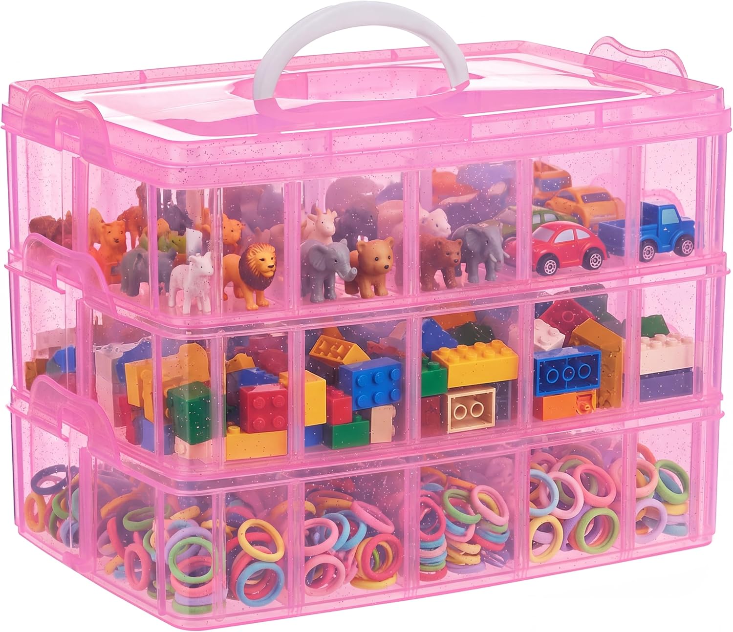 SGHUO Bead Organizers and Storage 3-Tier Pink Craft Container Stackable Box with Dividers for Art Supplies. Washi Tapes. Seed. Hair Accessories. Nail. 9.5X6.5X7.2in
